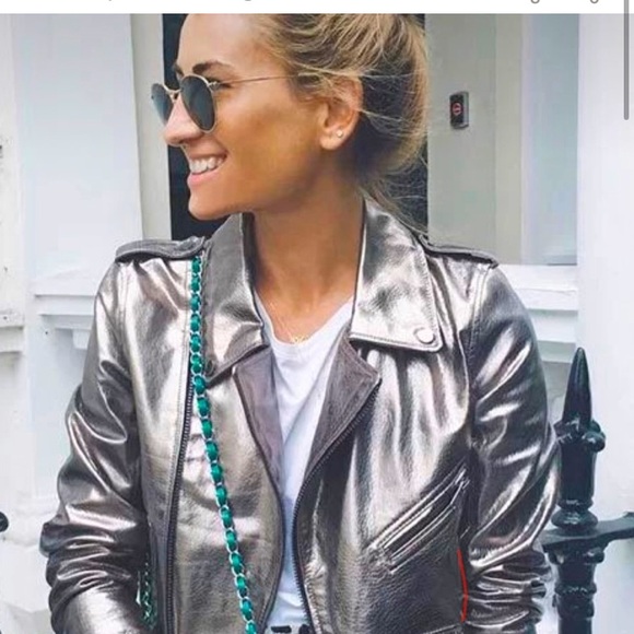 ZARA vegan leather silver metallic logo zip biker jacket - Picture 2 of 10